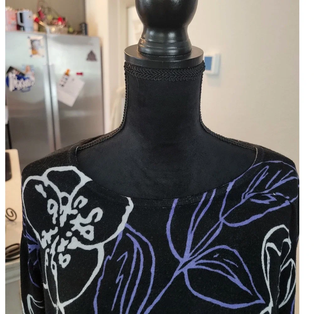 Chicos Floral Layered Look Sweater Black Purple White Mixed Media Shirt Hem 2 - Picture 2 of 8